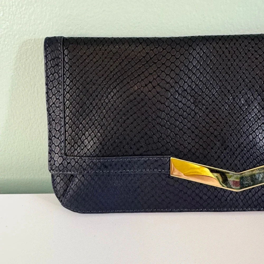 Time's Arrow Calfskin Gya Clutch Gongola Purse Flap Over Evening Party Prom Navy - Picture 6 of 9